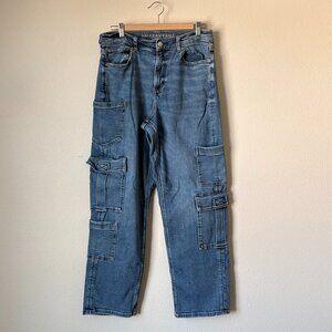 American Eagle Womens Super High Rise Baggy Straight Cargo Jeans Sz 10 Y2K